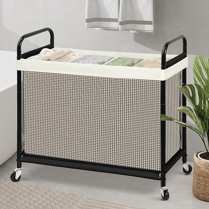 STO STO Laundry Hamper 4 Section, 140L Rolling Laundry Sorter Cart with Removable and Washable Liner Bag, Clothes Hamper with Wheels and Metal Handle for Laundry Room and Bedroom, Beige