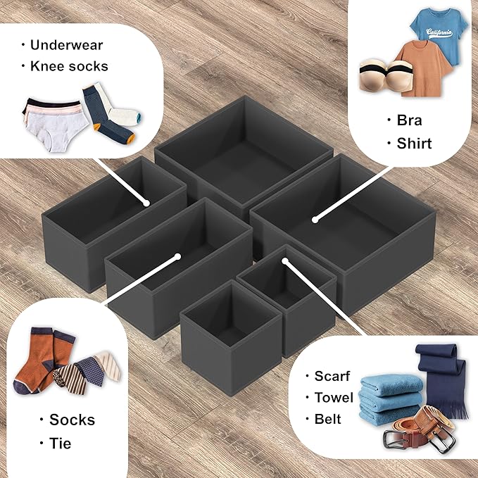 Simple Houseware Underwear Drawer Organizer, Set of 6, Dark Gray | for Lingerie/Undergarment/Bra/Panty/Sock/Onesie