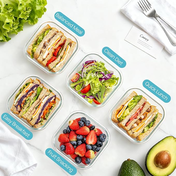Vtopmart 5Pack 27oz Glass Storage Containers with Lids, Glass Meal Prep Food Container Sets, Sandwich Containers with Snap Airtight Lid for Microwave, Oven, Freezer and Dishwasher, Grey