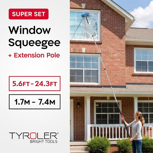 Tyroler Professional Window Squeegee with Extension Pole | Squeegee for Windows Cleaning | Outdoor Window Cleaner Tool, Windows Washing Kit with Extension Pole | Window Cleaning Kit (24.3 feet)