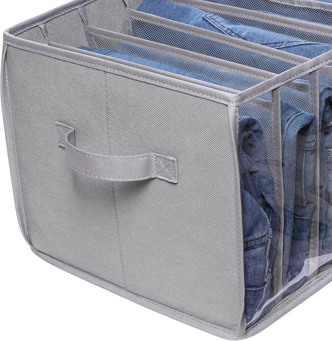 Zilink Upgraded Wardrobe Clothes Organizer with Support Board Clear Pants Organizer Bins for Closet with 7 Grids Divider Sweater Organizer for Closet for Jean Pant Sweater Legging T-Shirt, 3 Pack