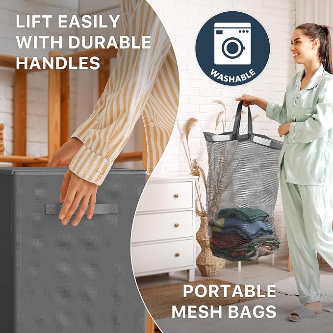 Simple Houseware Double Laundry Hamper with Lid & Removable Bags, Dark Gray | Heavy Duty 600D Polyester, Water-Resistant Surface