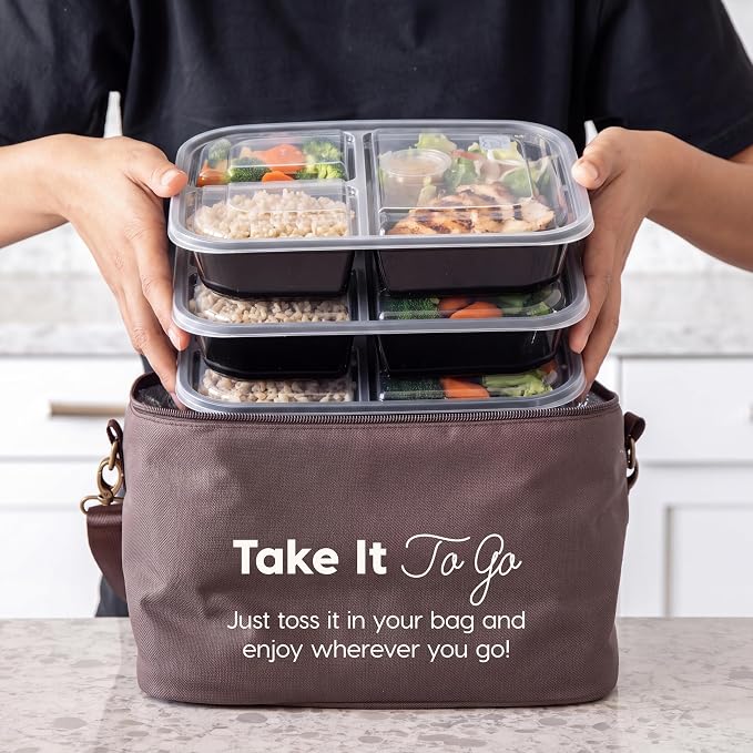 IRIS USA Meal Prep Containers, 36oz - 50 Pack (100-Piece) 3-Compartment Reusable Food Storage Containers with Lids, Plastic Kitchen Food Prep To Go Lunch Box, Microwave Freezer Dishwasher Safe, Black