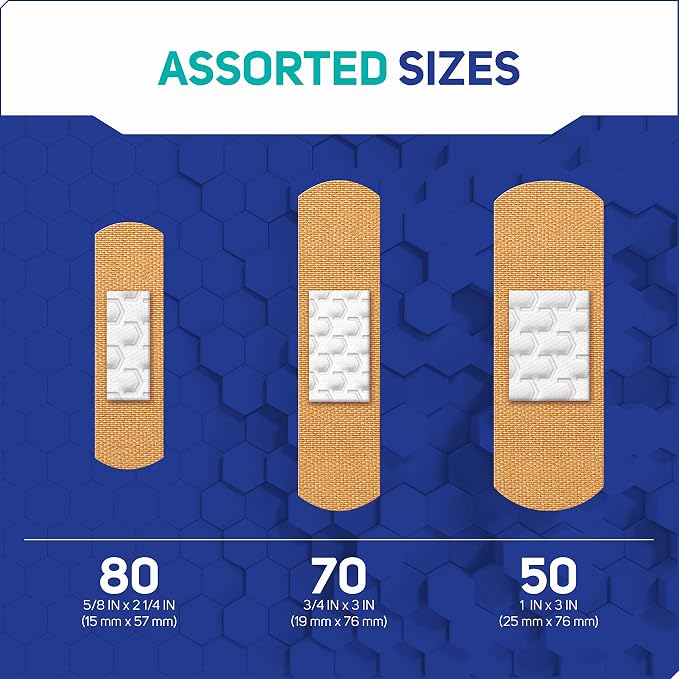 Care Science Fabric Adhesive Bandages, Assorted Sizes, 200 Count | Flexible + Breathable Protection for First Aid and Wound Care.