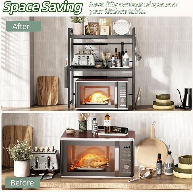 NETEL 3 Tier Expandable Microwave Stand countertop,Microwave Oven Rack | microwave shelf with Cutting Board Holder and Knife Holder, storage shelf for pans &appliances,55 Lbs load Per Tier,Black