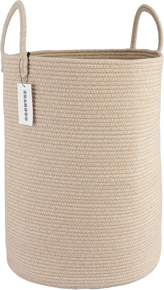 XUANGUO Cotton Rope Laundry Basket Hamper for Clothes Large Oatmeal | Baby Nursery Hamper Bin and Woven Storage Basket for Living Room Bedroom Boho Tall Rope Baskets Blankets Toys Pillows Towels