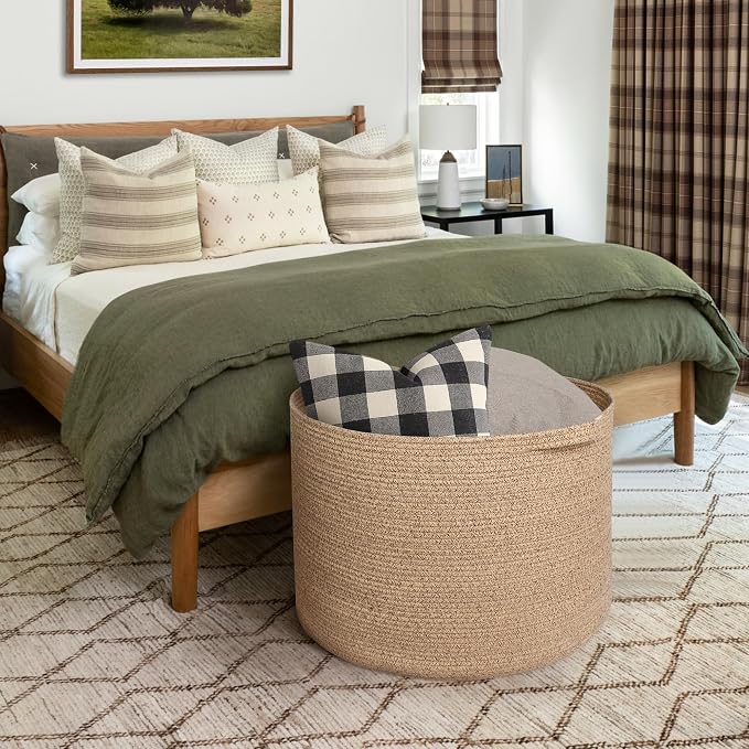 MEGASKET 115L Extra Large Storage Basket, 23.6"x15.7" Woven Cotton Rope Basket, Giant Kids Dog Toy Bin, XXXL Boho Blanket Pillow Holder for Living Room, Brown Variegated Woven Baskets for Organizing