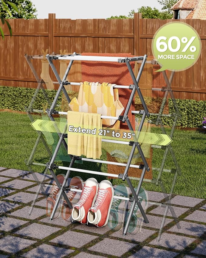 APEXCHASER 3-Tier Foldable Clothes Drying Rack, 37.6" H, Grey/White | Rust-resistant Metal, Tool-free Assembly, Extendable Drying Hanger, Fold Flat to Easy Storage, 11.8" D x 35" W, Holds 24lbs