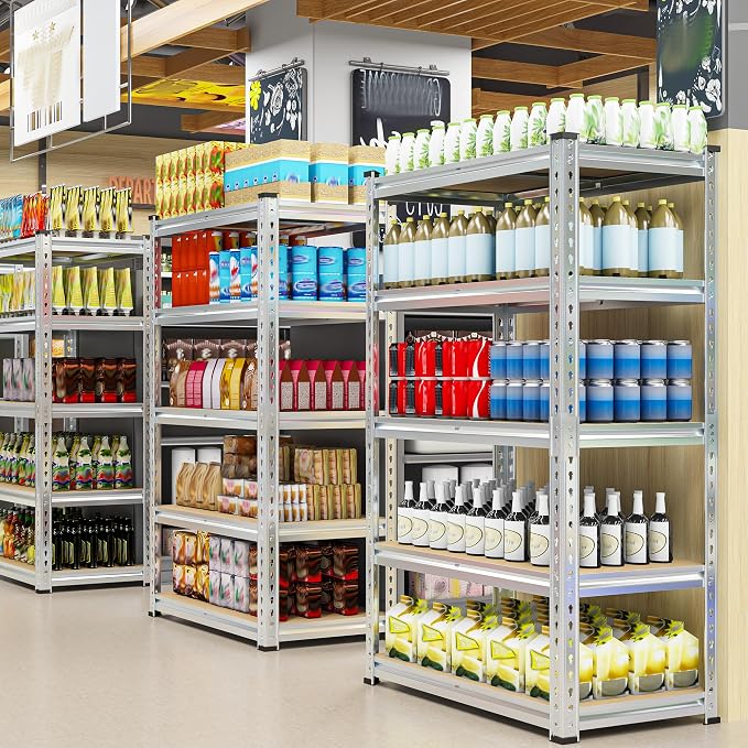 REIBII 5 Tier Garage Shelving for Pantry Garage, Adjustable Storage Shelves | 35.5" W x 11.9" D x 72" H, Holds 2400 Lbs, Silver, 5 Reinforcing Ribs, Steel Frame with Powder Coat, Freestanding
