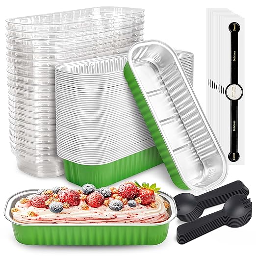 NPLUX 50 PACK Mini Cake Pans with Lids and Spoons, Rectangular Aluminum Foil Bread Pan, Mini Loaf Pans and Food Containers with Lids for Graduation Gifts Party Favors(Grass Green, 6.8oz)