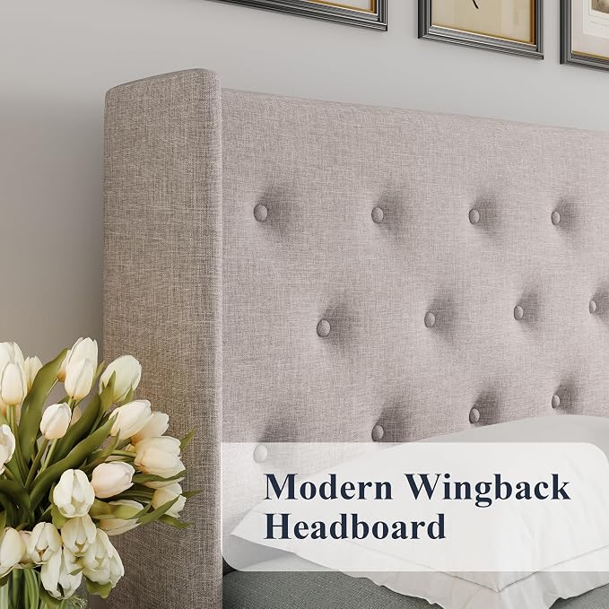 Allewie Full Size Lift Up Storage Button-Tufted Bed Frame Light Beige | Modern Wingback Headboard, Hydraulic Support Storage, No Box Spring Needed