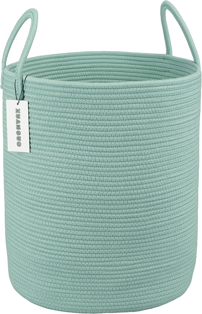 XUANGUO Cotton Rope Laundry Basket Hamper for Clothes Large Light Green | Baby Nursery Hamper Bin and Woven Storage Basket for Living Room Bedroom Boho Tall Rope Baskets Blankets Toys Pillows Towels