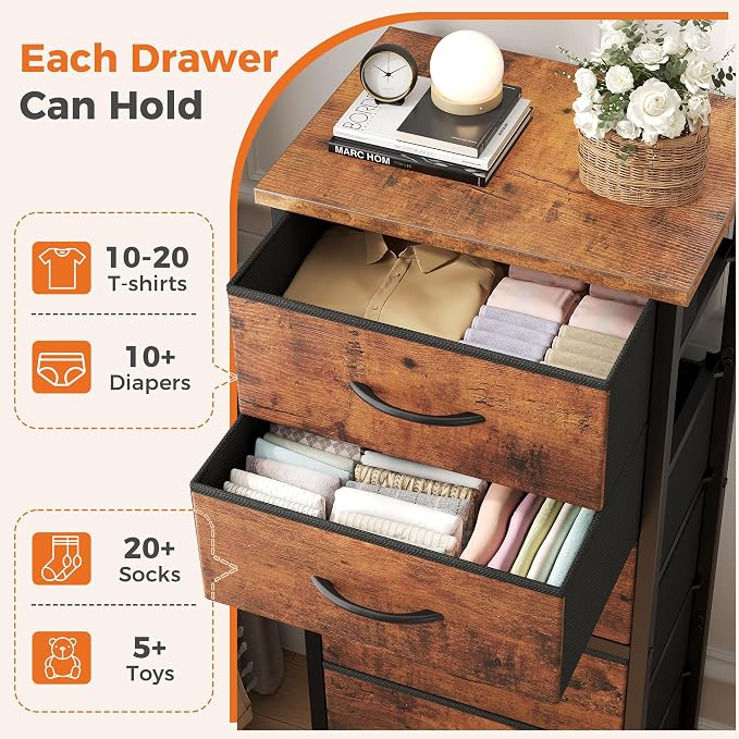 Sweetcrispy Tall Fabric Dresser for Bedroom, 6 Drawer Chest of Drawers | Narrow Storage Tower with Wood Top and Metal Frame, Vertical Nightstand for Closet, Bedroom Organization Furniture, Brown