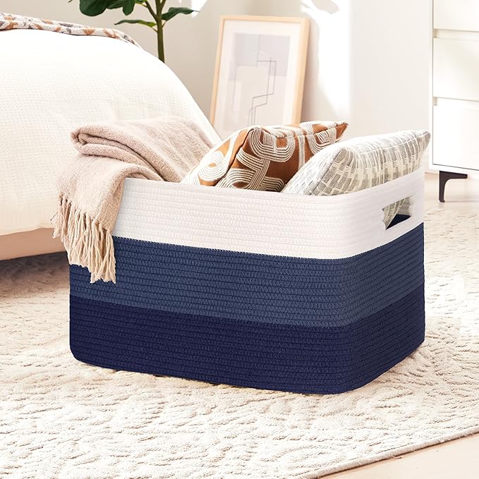 86L Large Woven Laundry Basket Hamper with Handles, Gradient Blue | collapsible wicker hamper, storage for dirty clothes, toys, blankets, gifts, living room, bedroom, bathroom, 24"x16"x14"