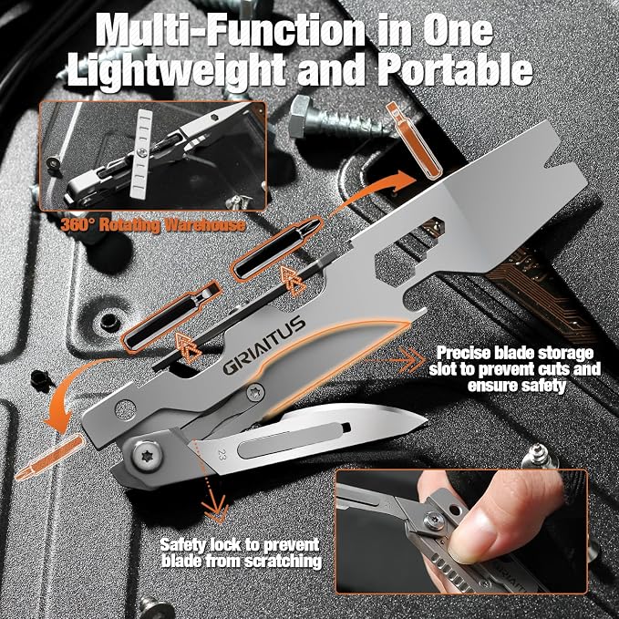 Multitool Pry Bar Wrench Tool Flat/Phillips Screwdriver, EDC Gifts for Men | Folding Multi-tool Box Cutter Blade Knife, Bottle Opener, Steel Handle, Everyday Carry, Cycling, Camping EDC Pocket Gadget