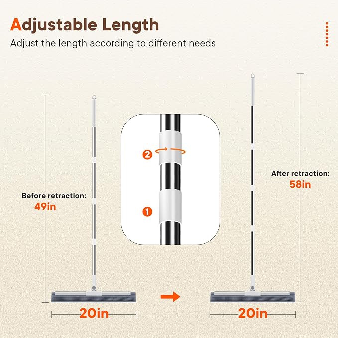 Floor Squeegee for Concrete Floors, 180° Rotating Silicone Broom, Squeegee for Floor with Long Handle and Dual-Sided Blade Design, Water and Pet Hair Remover for Bathroom Floors, Tile, Deck and Glass