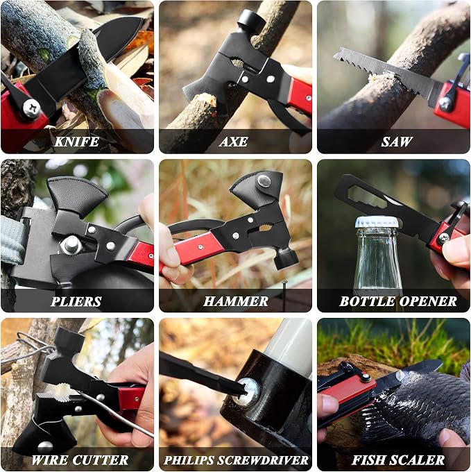 14-in-1 Multitool Camping Axe Hatchet – Essential Camping Gear with Knife, Hammer, Saw, Bottle Opener, Screwdriver – Multi Tool with Sheath – Gifts for Men, Dad, and Outdoor Adventures
