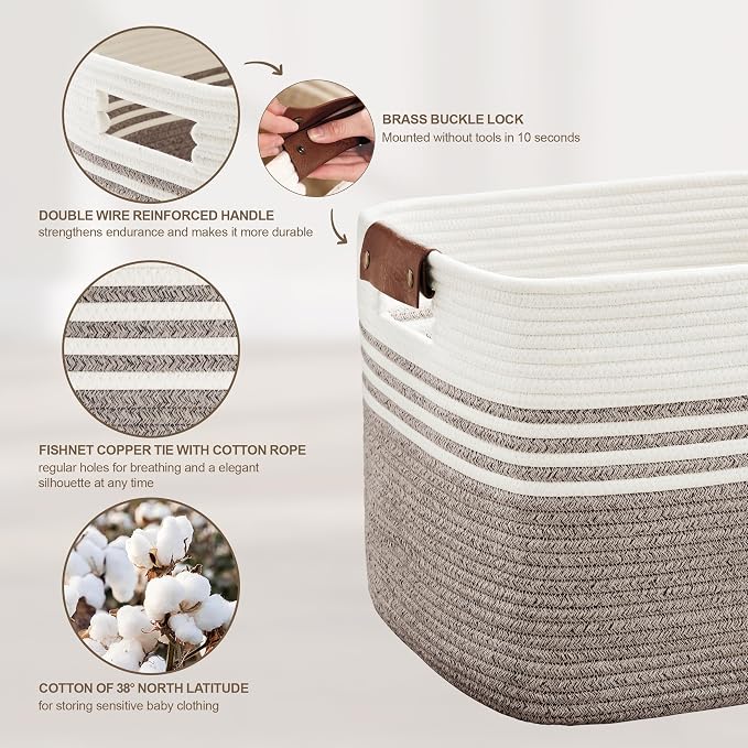 72L Woven Laundry Basket Hamper with Leather Handles,Dark Brown | collapsible wicker hamper, storage for dirty clothes, toys, blankets, gifts, living room, bedroom, bathroom, 22"x17"x12"