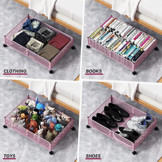 PHINOX Under Bed Storage Container with Wheels,Patterned,Metal,2 Pack,Pink | Tool-free assembly, glide smoothly, easy reach, foldable, maxmazie low-profile beds, dorm, keep seasonal clothes, shoes fresh