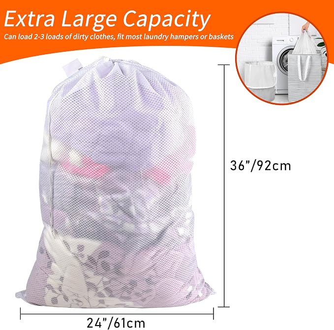 Heavy Duty Diamond Mesh Laundry Bag, 24x36", White | Drawstring & ID Tag, Machine Washable, Commercial Grade, , For College Dorms, Travel, Sports Equipment