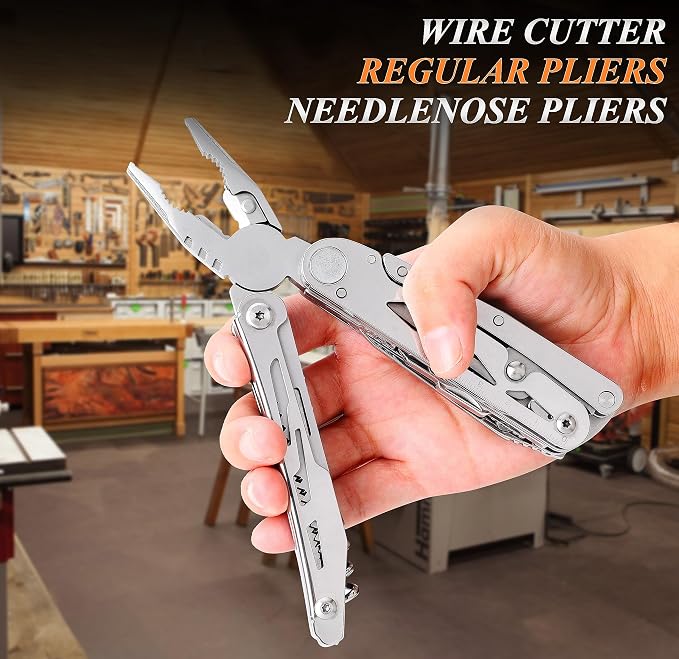 Multi Tool Pocket Knife Tactical Camping Survival Knife Gifts for Men Dad Husband 18 in 1 Multitool Pliers Scissors Saw Corkscrew Bottle Opener 9-pack Screwdrivers Safety Lock Nylon Sheath
