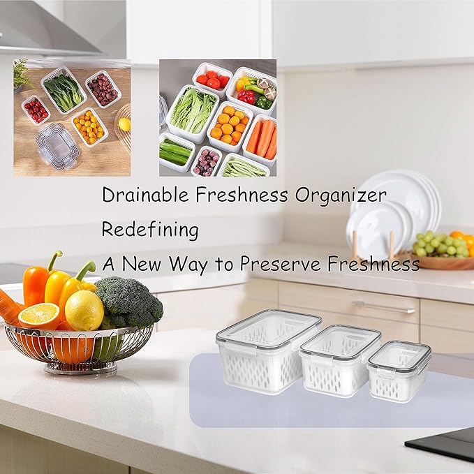 Fruit and Vegetable Storage Containers for Fridge, 6 Pcs/3 Sets Keep Fresh Produce Saver Containers Keeper, Food Storage Containers with Removable Colander (grey)