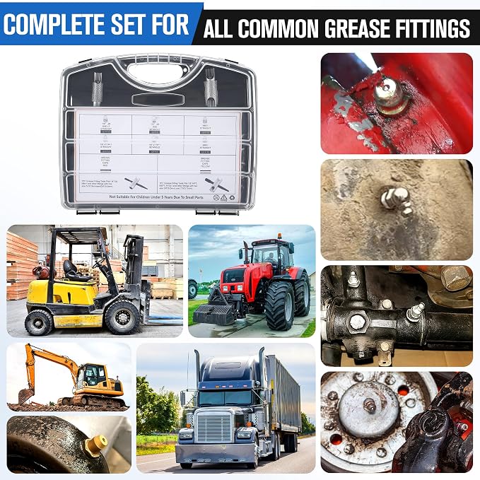 Dreyoo Complete Grease Fitting Replacement Kit, Grease Gun Zerk Fitting Tool & SAE and Metric Zerks & Multi-Tools & Protective caps, Removal Cleaning Tools Assortment