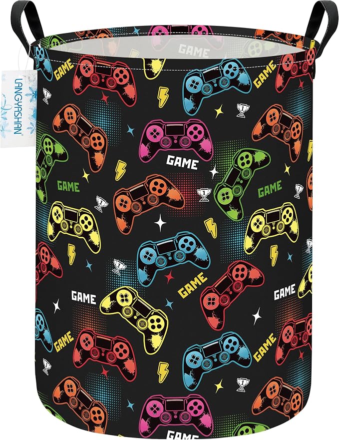 Round Laundry Basket Collapsible Storage Hamper Organizer Game | Waterproof Canvas Foldable Baskets with sturdy Handles Multi-scene Organizer for Home Play Bedroom Gift Bin