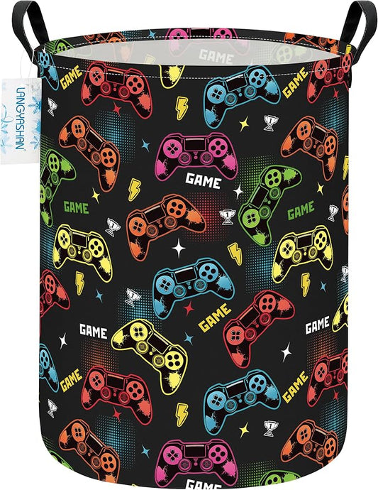 Round Laundry Basket Collapsible Storage Hamper Organizer Game | Waterproof Canvas Foldable Baskets with sturdy Handles Multi-scene Organizer for Home Play Bedroom Gift Bin