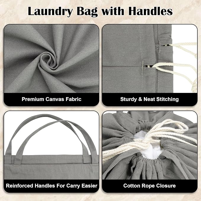 Canvas Laundry Bag with Handles & Square Base, Gray, 13.8"Wx13.8"Dx27.6"H | Large Heavy Duty Laundry Hamper Bag, Washable Drawstring Closure Dirty Clothes Sack for College Dorm, Home Storage