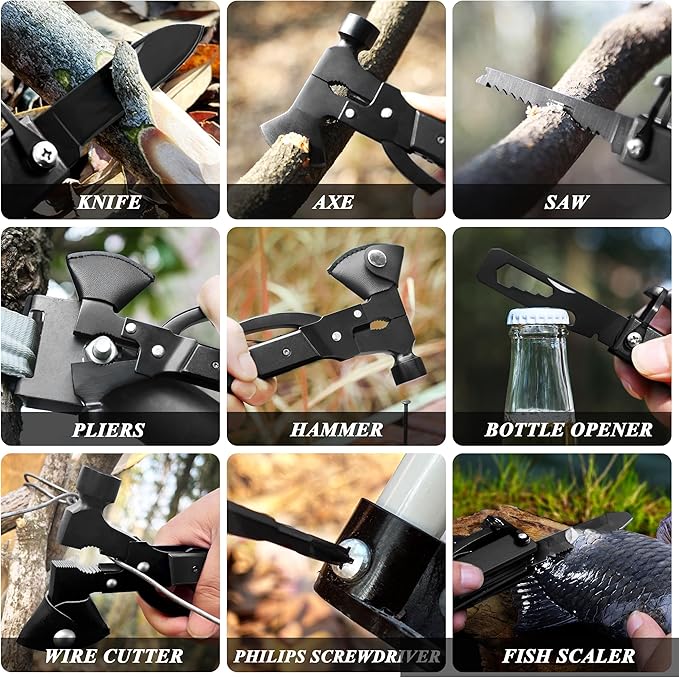 14-in-1 Multitool Camping Axe – Multi Tool with Knife, Hammer, Saw, Screwdrivers, Bottle Opener – Camping Tool with Sheath – Tool Gifts for Men, Dad, Husband, and Outdoor Enthusiasts.