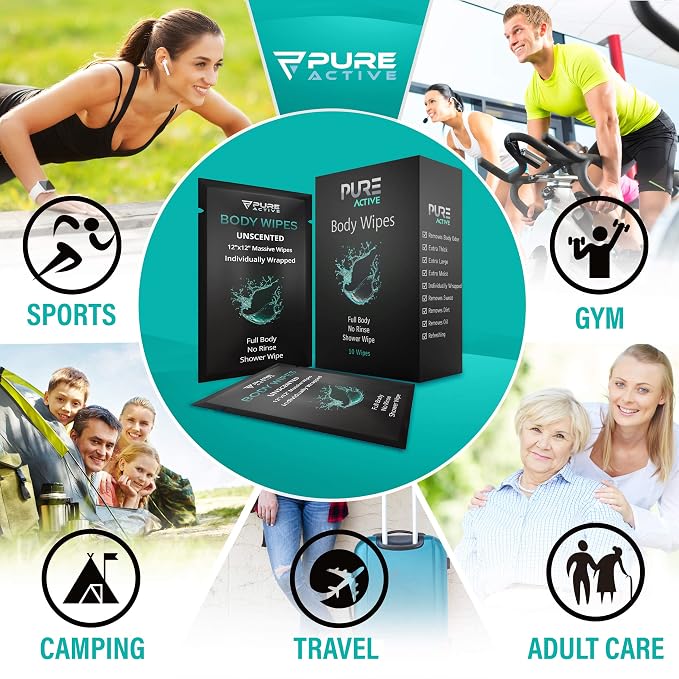 Shower Body Wipes 12"x12", 40 Individually Wrapped Personal Hygiene Body Wipes for Women and Men, Keep Clean After Gym Travel Camping Outdoors Sports, Unscented