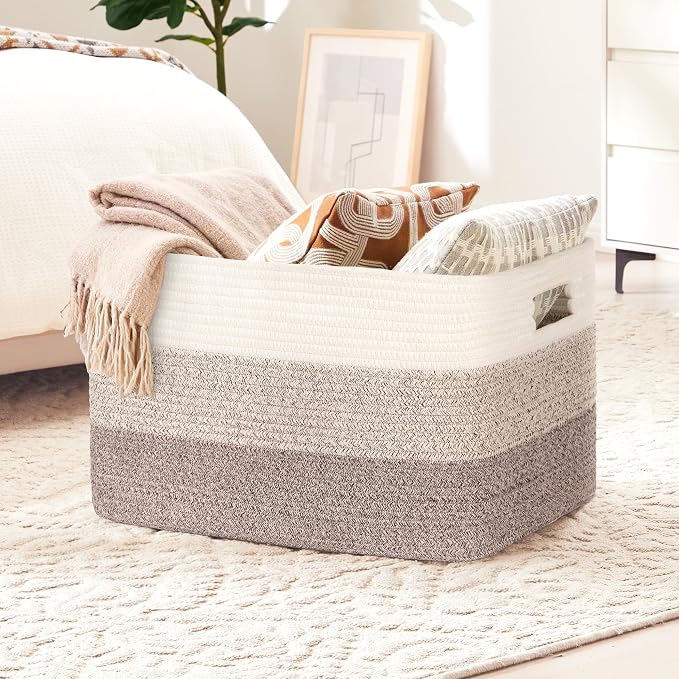 86L Large Woven Laundry Basket Hamper with Handles, Gradient Brown | collapsible wicker hamper, storage for dirty clothes, toys, blankets, gifts, living room, bedroom, bathroom, 24"x16"x14"