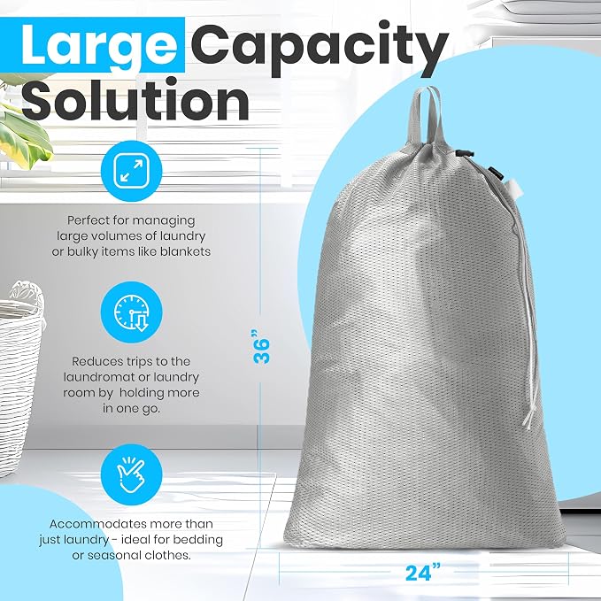 Handy Laundry Mesh XL Laundry Bag 24"x36" with Shoulder Strap, Grey | XL 24x36 Mesh Laundry Bag, Handles & Shoulder Strap, Breathable, Machine Washable, Dorm Travel Bedding, Grey