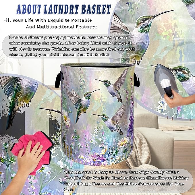 Beautiful Hummingbird Laundry Basket Oxford Cloth Hamper 18.9"x16.5" | Colorful Flower Laundry Hamper With Handle Foldable Portable Clothes Storage Laundry Bag For Laundry Room/Bedroom/Bathrooms