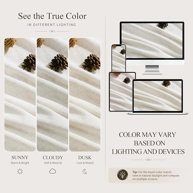 Hokibero Natural Linen Curtains 98 Inches Long for Living Room 2 Panels | Light Filtering Semi Sheer Curtain, Back Tab Rod Pocket Pleated Look, Ivory Privacy Drapes for Bedroom Window, Boho Farmhouse