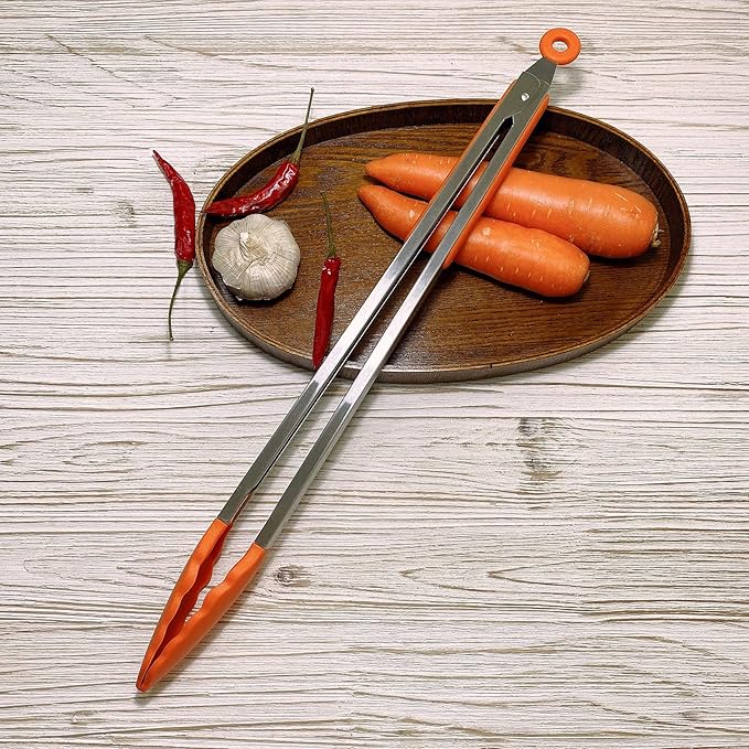 18 inch Extra Long Grill Tongs (2 pcs orange), with Silicone Tip Head, Stainless Steel Barbecue Tongs with Long Handle, Large Sized Food Tong, Extended Serving Tong