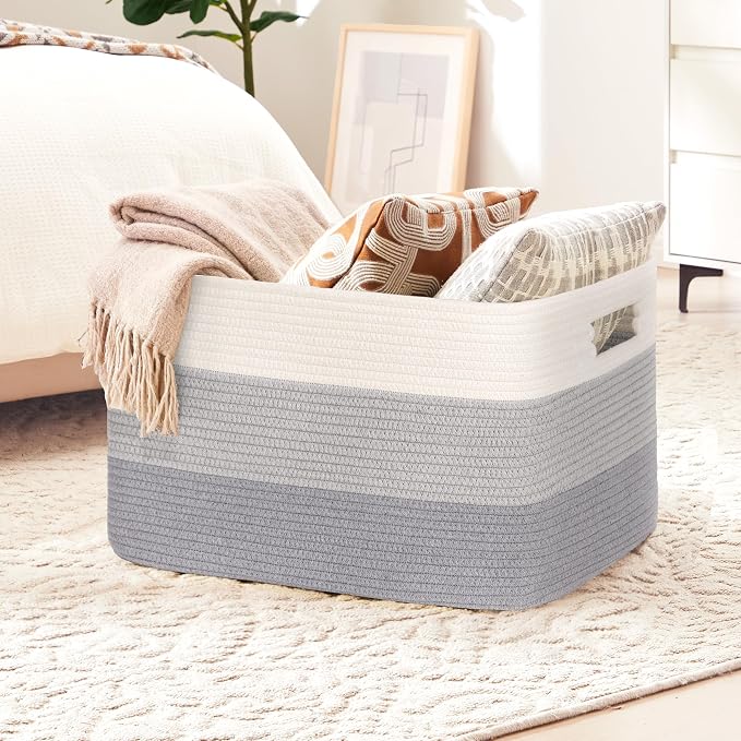 72L Large Woven Laundry Basket Hamper with Handles, Gradient Grey | collapsible wicker hamper, storage for dirty clothes, toys, blankets, gifts, living room, bedroom, bathroom, 22"x17"x12"