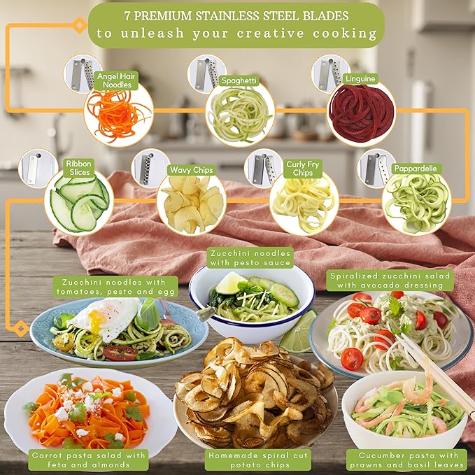 Brieftons 7-Blade Vegetable Spiralizer: Veggie Noodle Maker with Curly Fry & Crinkle Chip Blades, Catch Container, Keep-Fresh Lid, Blade Caddy, 4 eBooks | Low Carb, Vegan, Gluten-Free, Keto, Paleo
