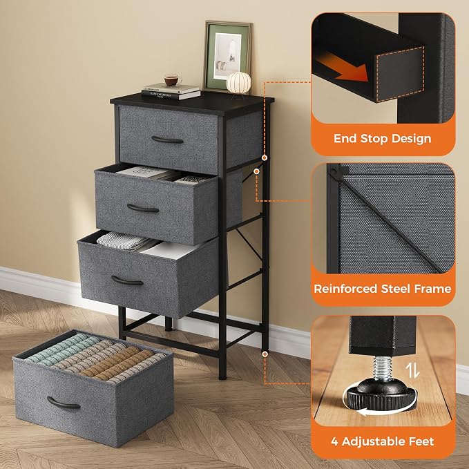 Sweetcrispy Dresser for Bedroom, 4 Drawer Storage Cabinet, Tall Nightstand | Small Fabric Dresser for Closet, Chest of Drawers, Closet Organizer, Home Furniture, Dorm, Sturdy Frame, Gray