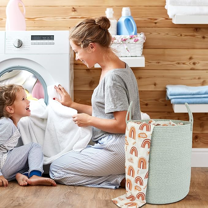 XUANGUO Cotton Rope Laundry Basket Hamper for Clothes, green | Woven Storage Basket for Living Room Bedroom Boho Tall Rope Baskets for Blanket Toys Pillow Towels Baby Nursery Hamper Bin