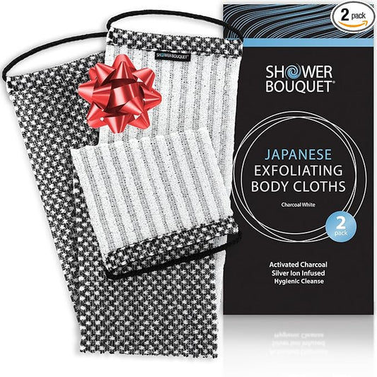 Japanese Exfoliating Washcloth for Back & Body 2-Pack - Charcoal & Silver Ion Exfoliating Towel with Handles - Two-Sided Gentle Exfoliation & Deep Cleanse Body Wash Cloths for Shower - 2 White