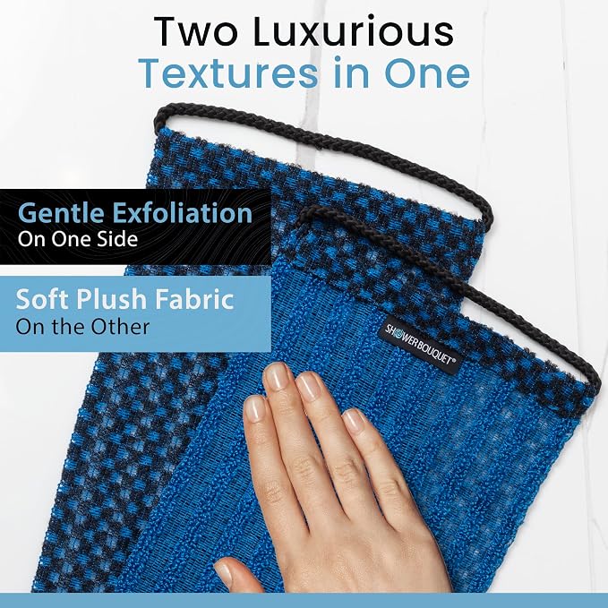 Japanese Exfoliating Washcloth for Back & Body - Charcoal & Silver Ion Exfoliating Towel with Handles - Two-Sided Gentle Exfoliation & Deep Cleansing Soft Body Wash Cloths for Shower - Blue