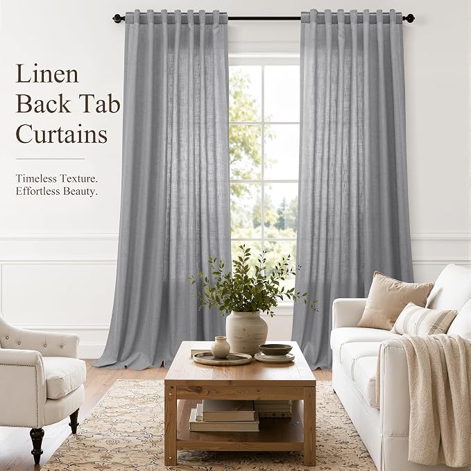 Hokibero Grey Linen Curtains 96 Inches Long Drape for Living Room 2 Panels | Light Filtering Semi Sheer Curtain, Back Tab Rod Pocket Pleated Look, Gray Privacy Drapes for Bedroom Window, Boho Farmhouse
