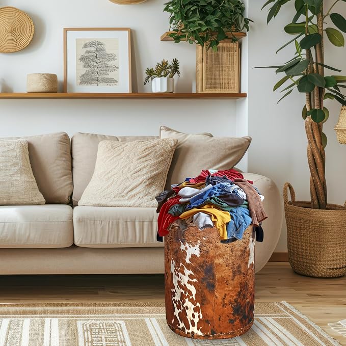 Brown Cow Skin Laundry Basket Foldable Hamper 18.9"x16.5" | Vintage Laundry Hamper With Handle Oxford Cloth Portable Clothes Storage Laundry Bag For Laundry Room/Bedroom/Bathrooms