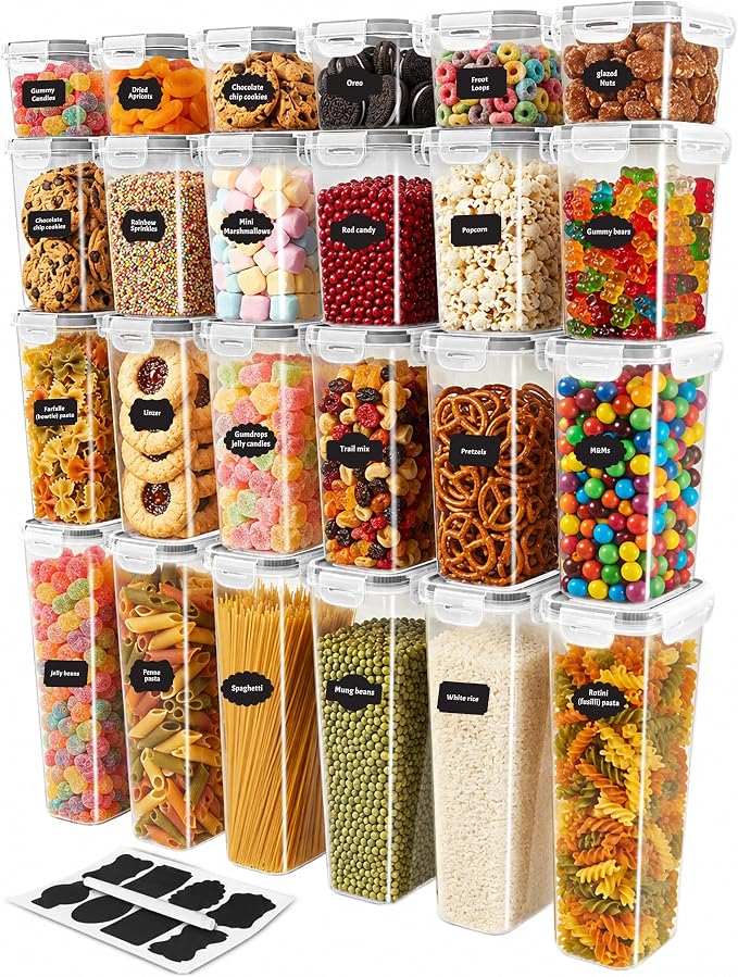 KICHLY Plastic Airtight Food Storage Containers Sets with Lids – 24 Pack BPA-Free Kitchen Pantry Organizers and Storage for Cereal, Flour, Sugar & Dry Food (Clear)