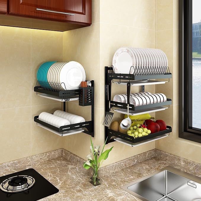 Wall Mounted Stainless Steel Dish Drying Rack Fruit Vegetable Storage Basket with Drainboard and Hanging Chopsticks Cage Knife Holder Kitchen Supplies Shelf Utensils Organizer (2-Tier)