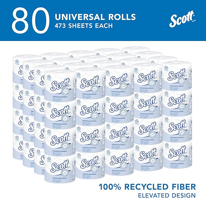Scott Professional 100% Recycled Fiber Standard Roll Bulk Toilet Paper (13217), 2-Ply, Elevated Design, White, Individually Wrapped (80 Rolls of 473 Sheets, 37,840 Sheet Total)
