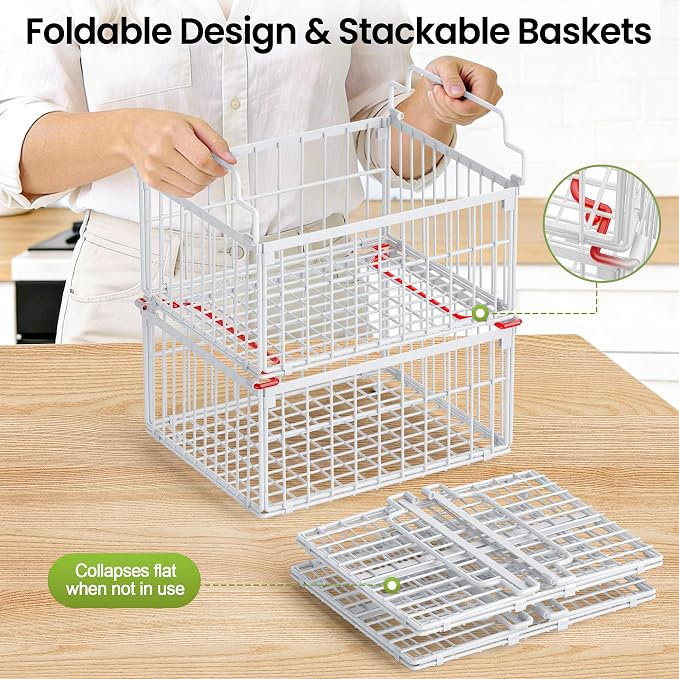 MSERCUOR Freezer Organizer Bins, 3 Pack Big Stackable Deep Chest Freezer Organizer Bins, Foldable Baskets with Handles, White Storage Container Baskets for 5 to 9 Cu.FT Deep Freezer Sort Frozen Meats