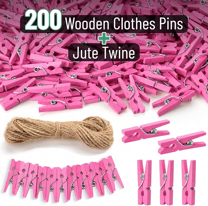 Mr. Pen- Mini Wooden Clothes Pins for Photo, 1 Inch, 200 Pack, Pink Small Clothespins with 10 Meter Jute Twine for Scrapbooking, Labeling Plants, Gift Tags, Tiny Crafts, Photo Display, Decoration